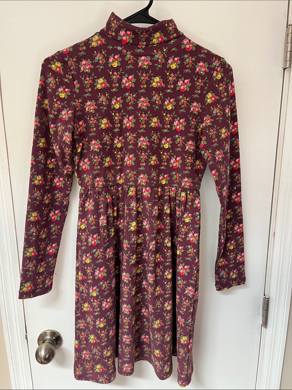 Mini Boden Burgundy Floral Turtleneck Dress with Pink & Yellow Blooms